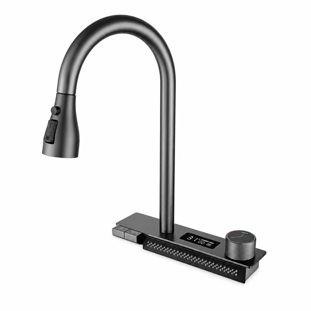 Integrated kitchen faucet with digital display screen, rotary temperature knob, and button-controlled outlet system.