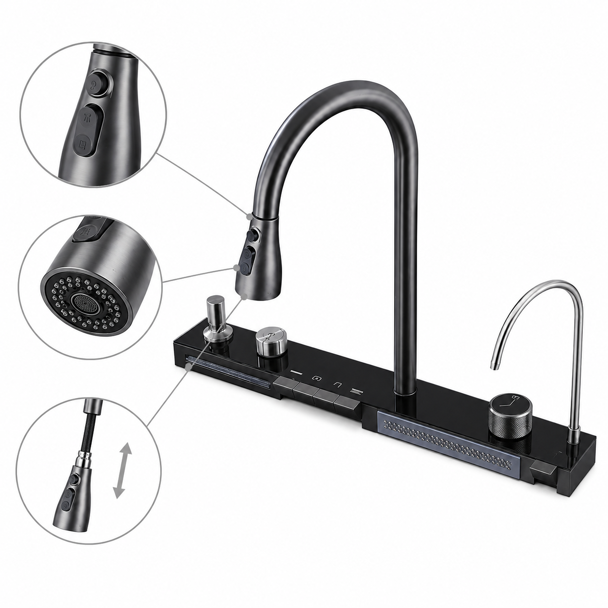 Integrated smart kitchen faucet system with high-arc pull-out spray head, black control panel, rotary knob, buttons, and auxiliary outlet components for multifunction sink installation.