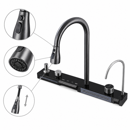 Integrated smart kitchen faucet system with high-arc pull-out spray head, black control panel, rotary knob, buttons, and auxiliary outlet components for multifunction sink installation.