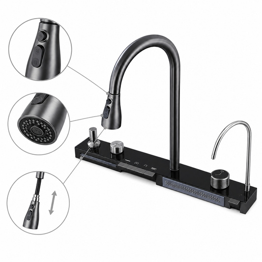 Integrated smart kitchen faucet system with high-arc pull-out spray head, black control panel, rotary knob, buttons, and auxiliary outlet components for multifunction sink installation.