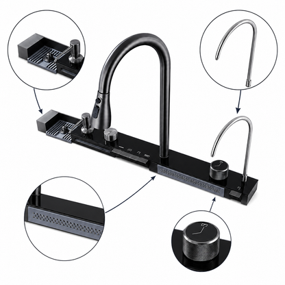 Integrated smart sink faucet module showing close-up details of the pull-out spray head, accessory tray area, rotary control knob, auxiliary faucet, and front outlet panel.