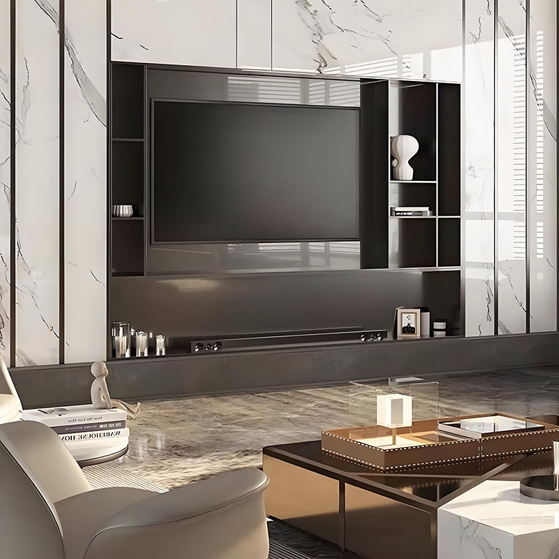 Nicho de exibição personalizado em aço inoxidável para parede de fundo de TV, com prateleiras de armazenamento e iluminação LED, para projetos de sala de estar.