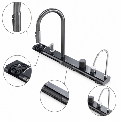 Long black integrated sink faucet console with pull-out faucet, button controls, rotary knobs, accessory area, and auxiliary water outlet for modern workstation sinks.