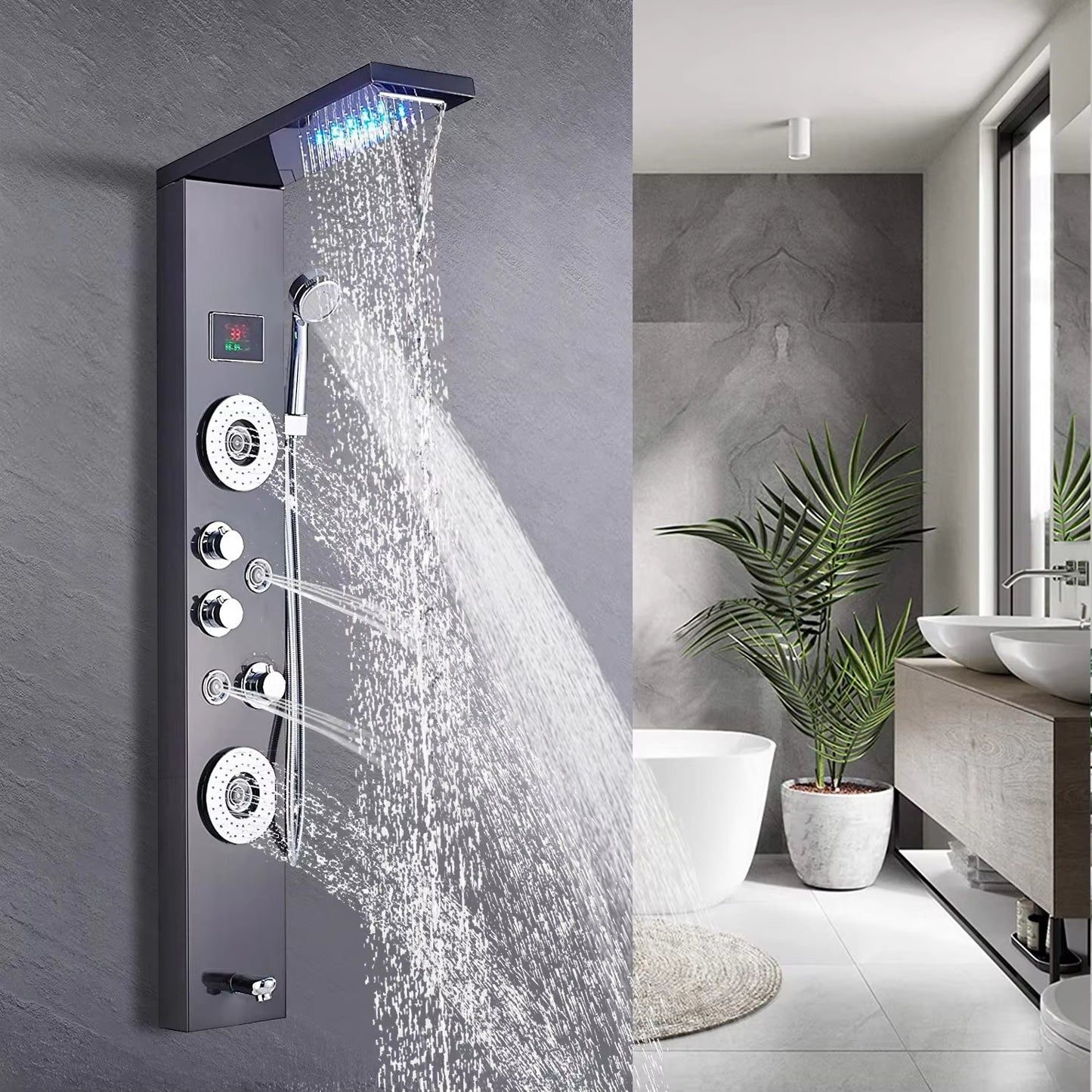 Shower Panel Wall Mounted Massage Nozzle Led Waterfall Temperature Display Shower Column Set-6657BB