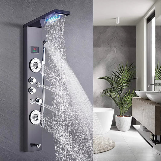 Shower Panel Wall Mounted Massage Nozzle Led Waterfall Temperature Display Shower Column Set-6657BB
