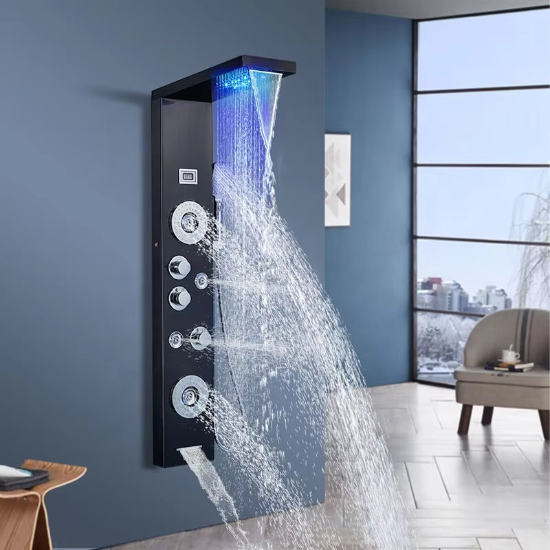 Waterfall Style Wall Mounted Stainless Steel Illuminated Panel Bathroom Shower Head-6084BB