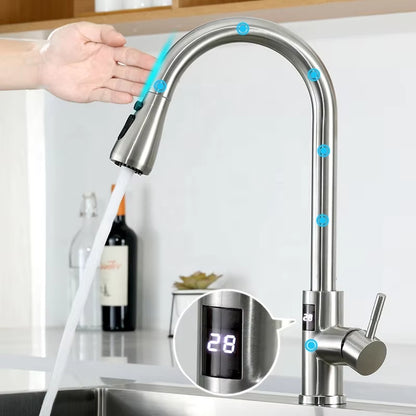 Modern Kitchen Pull Out Stainless Steel Sink Touchless Digital Display Faucet-8424DPT