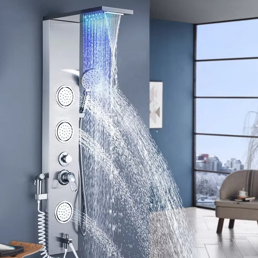 Led Light Shower Screen Wall Mounted Stainless Steel Waterfall Shower Screen Set-6670