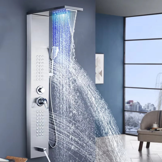 Led Shower Panel Wall Mounted Stainless Steel Waterfall Shower Column Set Massage Shower Head-6672