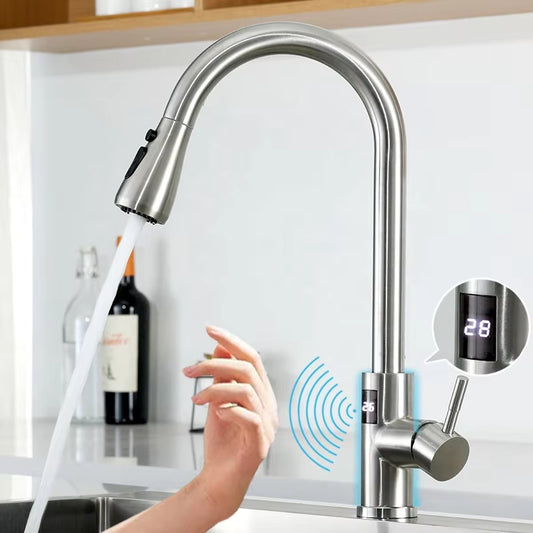 Modern Kitchen Pull Out Stainless Steel Sink Digital Display Smart Sensor Faucet-8424DPS