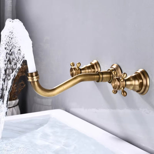 Wall Mounted Retro 3-Hole Double Cross Knob Brass Basin Mixing Faucet-7239