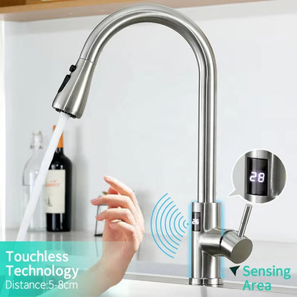Modern Kitchen Pull Out Stainless Steel Sink Digital Display Smart Sensor Faucet-8424DPS