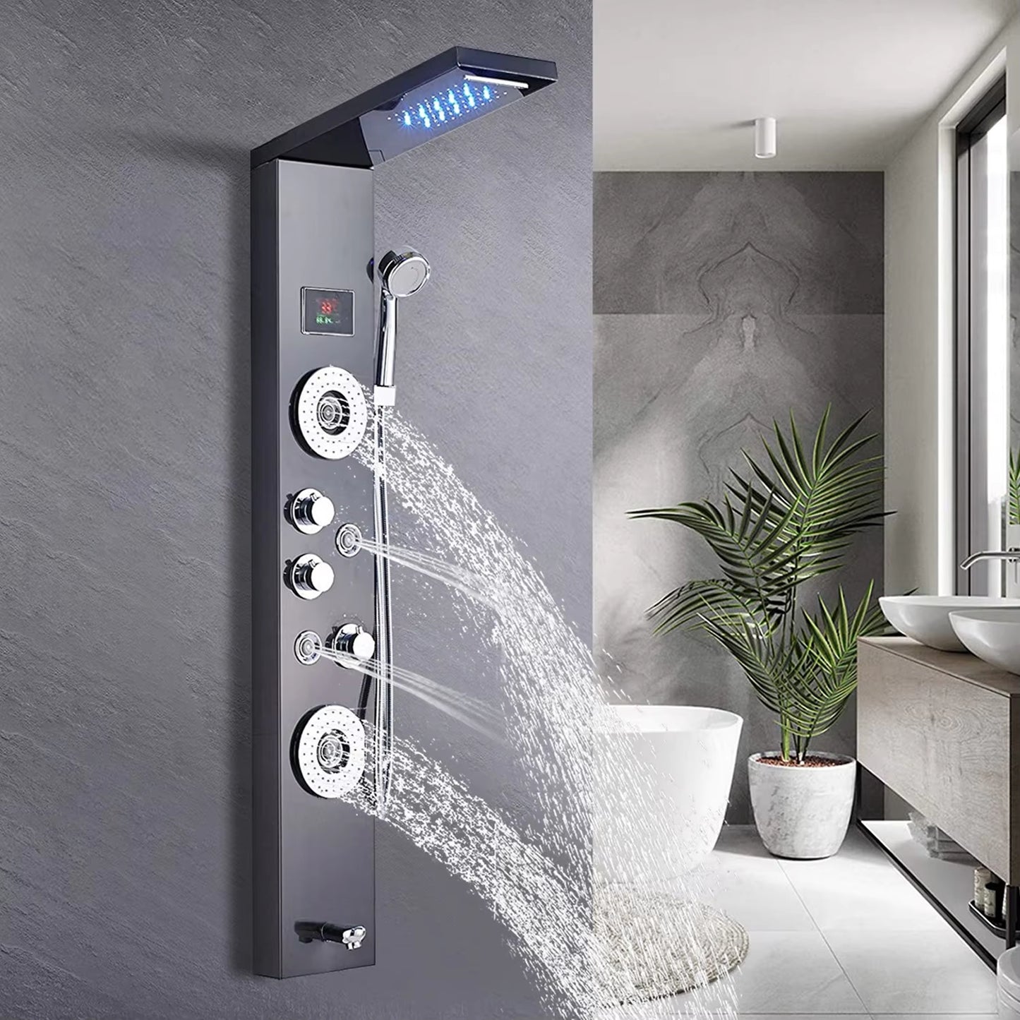 Shower Panel Wall Mounted Massage Nozzle Led Waterfall Temperature Display Shower Column Set-6657BB