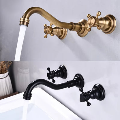 Wall Mounted Retro 3-Hole Double Cross Knob Brass Basin Mixing Faucet-7239