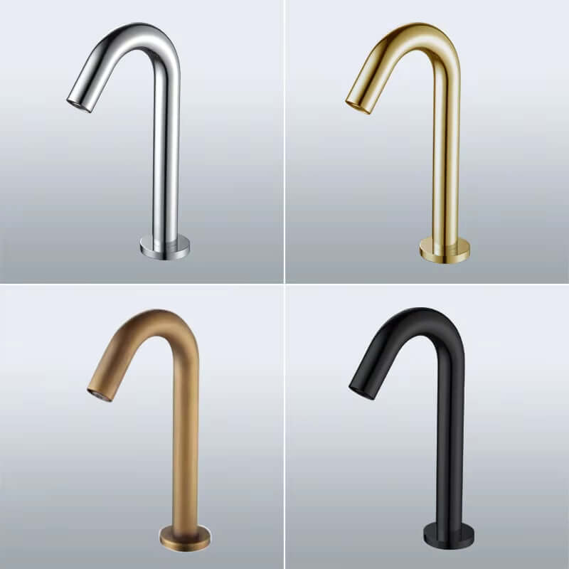 Countertop mounted sink automatic sensor faucet in four modern finishes: silver, gold, bronze, and black.