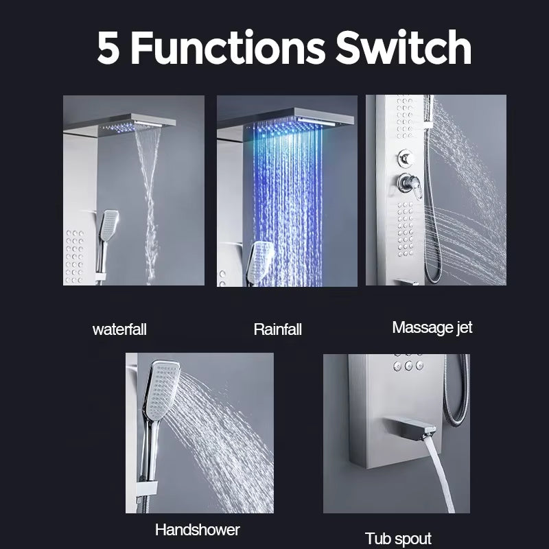 Led Shower Panel Wall Mounted Stainless Steel Waterfall Shower Column Set Massage Shower Head-6672