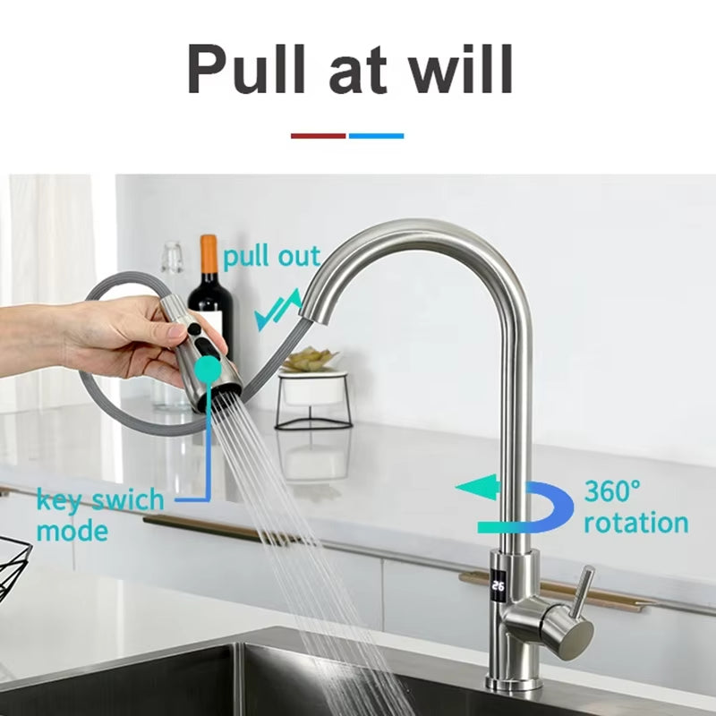 Modern Kitchen Pull Out Stainless Steel Sink Digital Display Smart Sensor Faucet-8424DPS