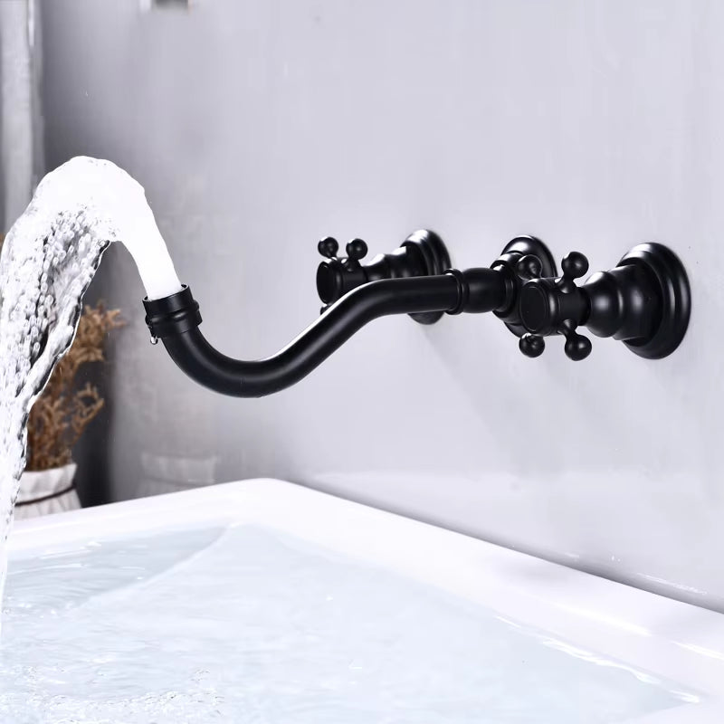 Wall Mounted Retro 3-Hole Double Cross Knob Brass Basin Mixing Faucet-7239