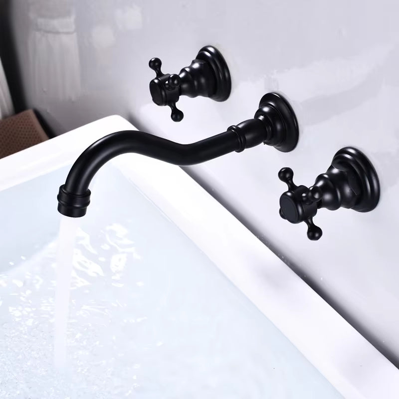 Wall Mounted Retro 3-Hole Double Cross Knob Brass Basin Mixing Faucet-7239