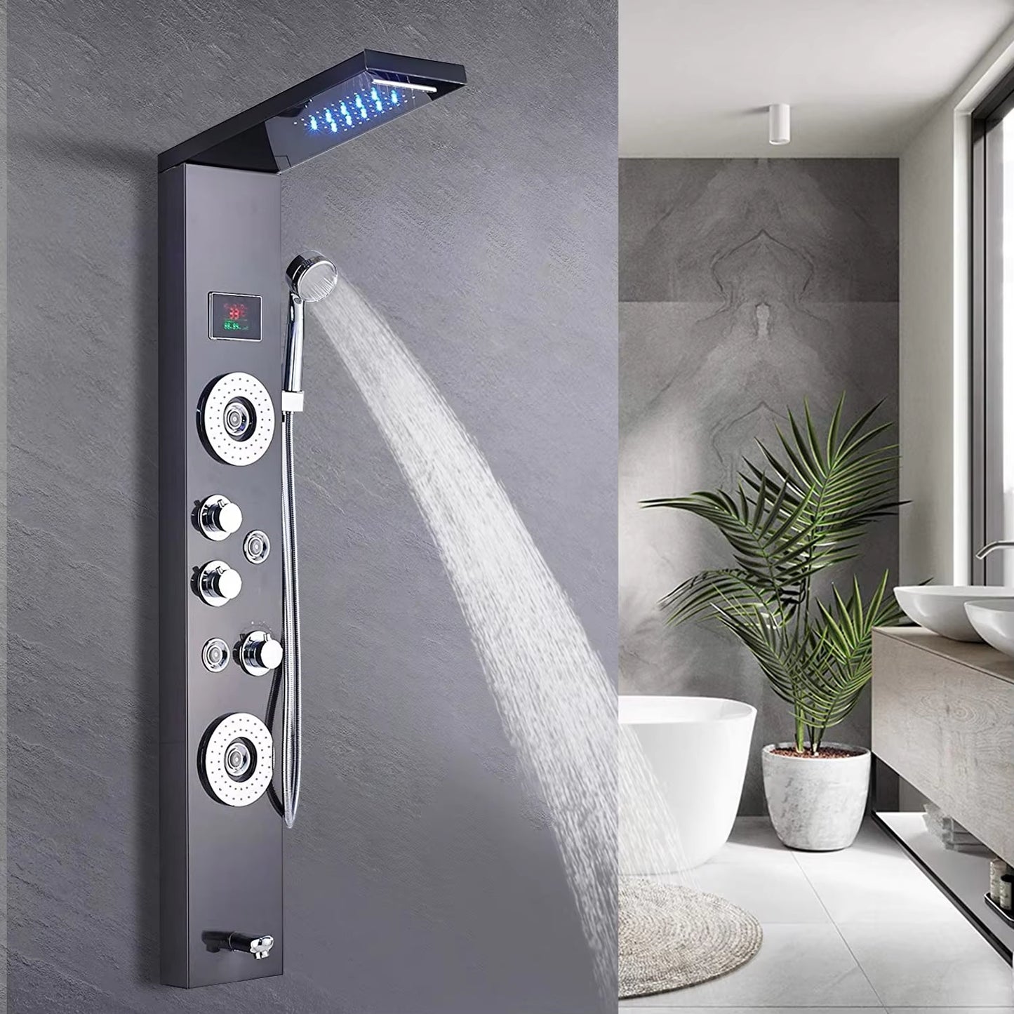 Shower Panel Wall Mounted Massage Nozzle Led Waterfall Temperature Display Shower Column Set-6657BB