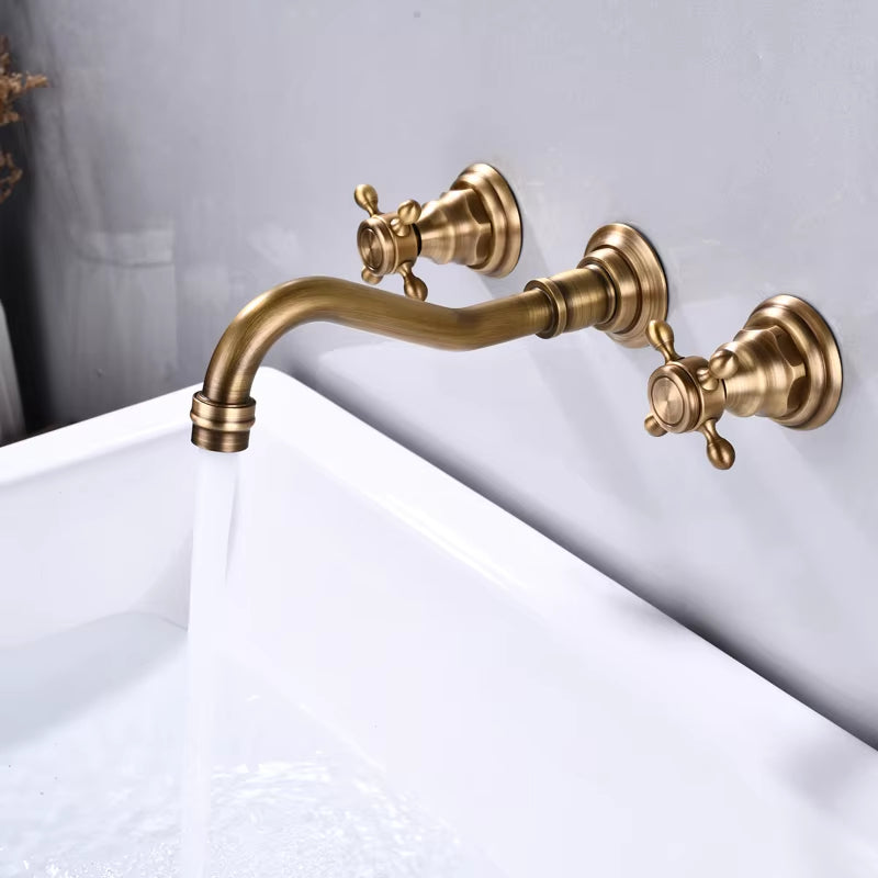 Wall Mounted Retro 3-Hole Double Cross Knob Brass Basin Mixing Faucet-7239