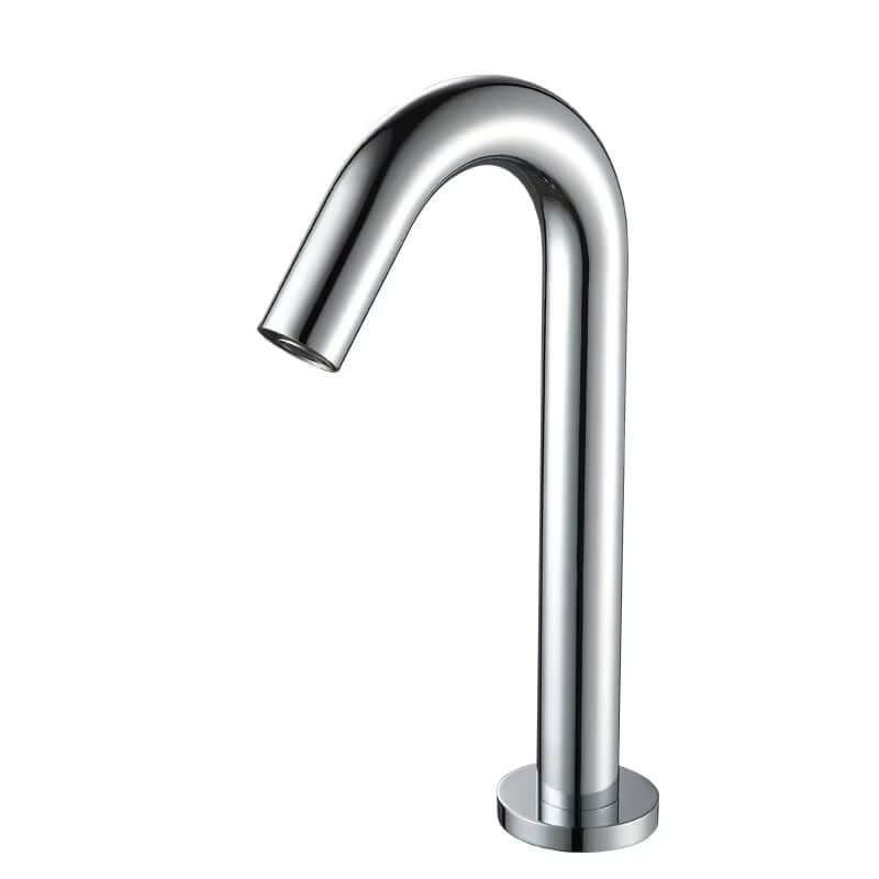 Countertop mounted automatic sensor faucet with modern chrome design for bathrooms and public spaces.