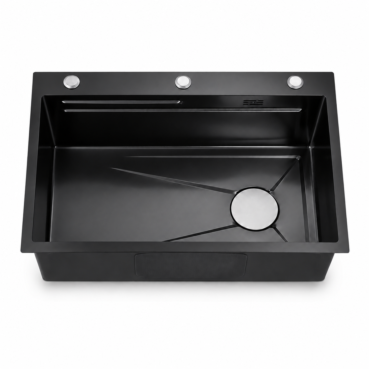 Matte black single bowl stainless steel kitchen sink with three top accessory holes, sloped drainage channels, round drain cover, wide rim, and rectangular deep basin on a white background
