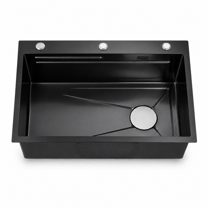 Matte black single bowl stainless steel kitchen sink with three top accessory holes, sloped drainage channels, round drain cover, wide rim, and rectangular deep basin on a white background