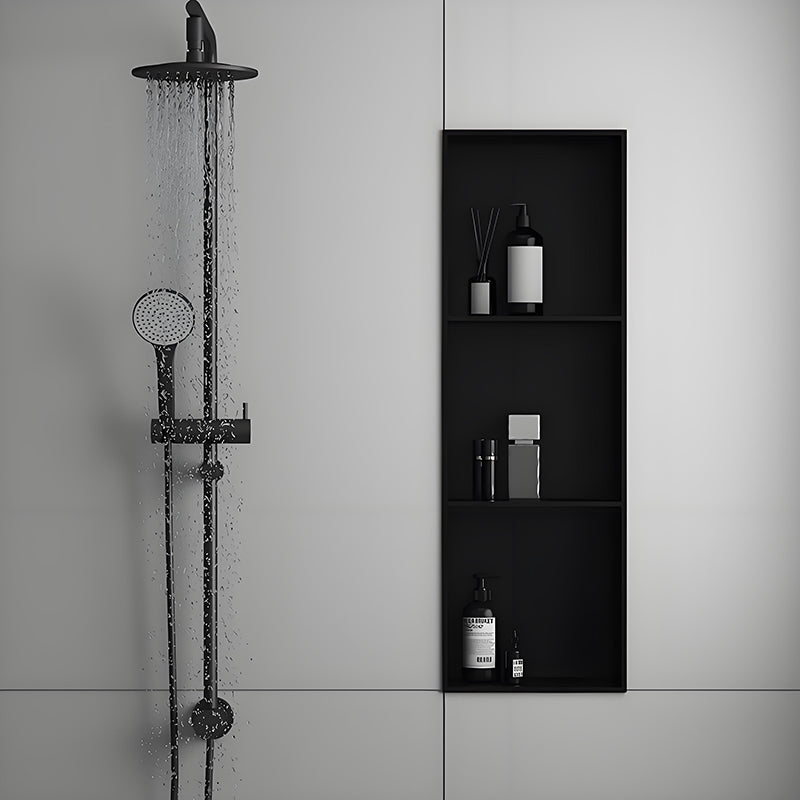 Nicho de parede para chuveiro em aço inoxidável preto personalizado, com design vertical alto e embutido para armazenamento no banheiro.