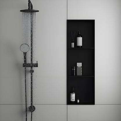 Nicho de parede para chuveiro em aço inoxidável preto personalizado, com design vertical alto e embutido para armazenamento no banheiro.
