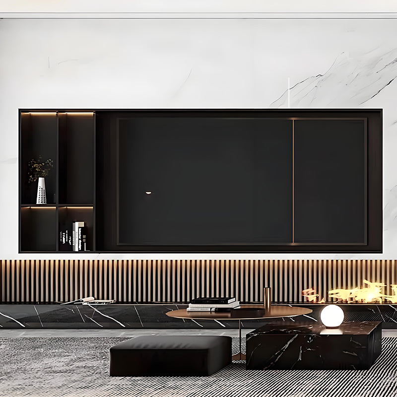 Nicho de exibição personalizado em aço inoxidável para parede de fundo de TV, com prateleiras de armazenamento e iluminação LED, para projetos de sala de estar.