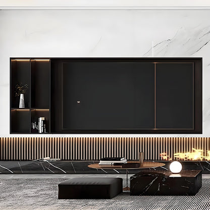 Nicho de exibição personalizado em aço inoxidável para parede de fundo de TV, com prateleiras de armazenamento e iluminação LED, para projetos de sala de estar.