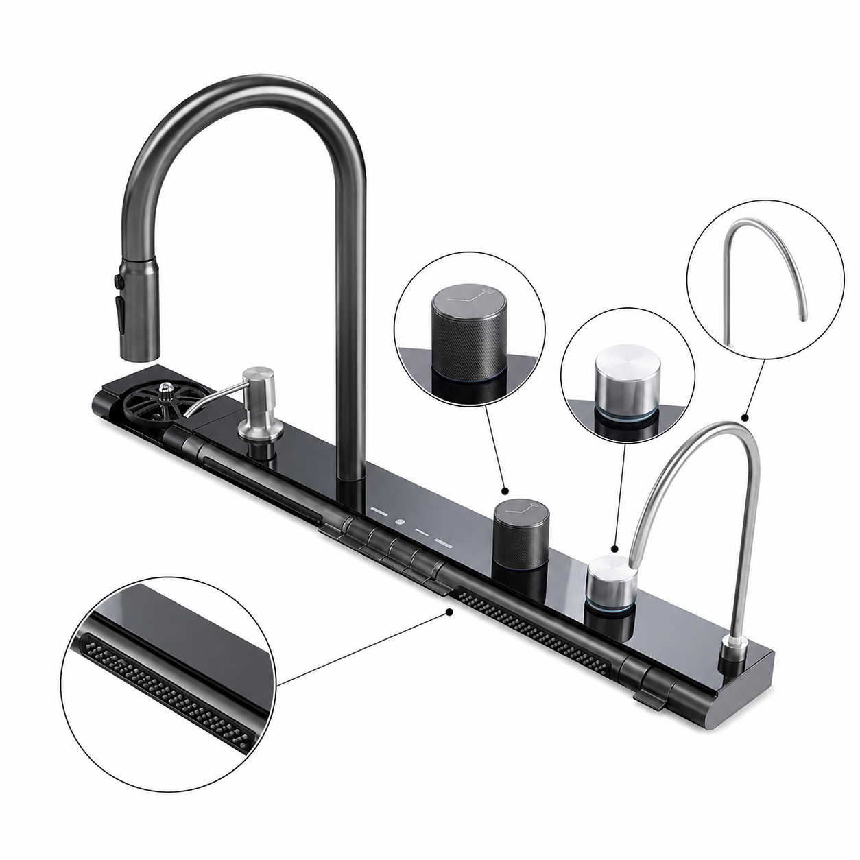 Multifunction faucet panel with close-up views of the rotary control knob, auxiliary outlet, front outlet section, and high-arc faucet for customized kitchen sink systems.