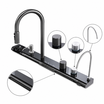 Multifunction faucet panel with close-up views of the rotary control knob, auxiliary outlet, front outlet section, and high-arc faucet for customized kitchen sink systems.