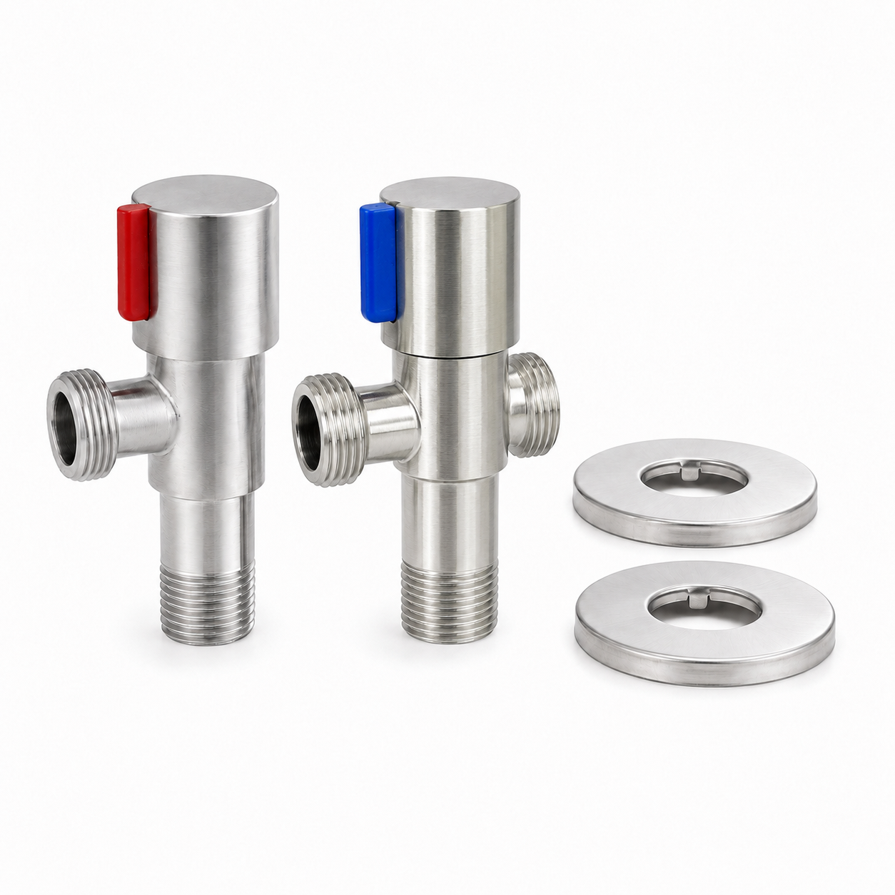 Pair of brushed stainless steel angle valves with red and blue side markers, threaded water connections, and matching wall cover plates for faucet supply.