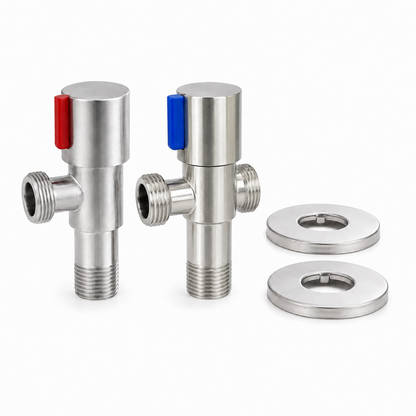 Pair of brushed stainless steel angle valves with red and blue side markers, threaded water connections, and matching wall cover plates for faucet supply.