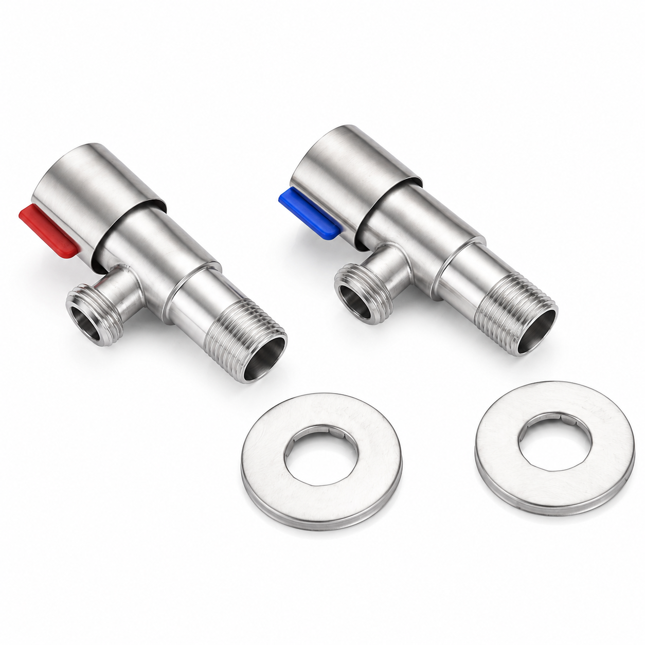 Pair of stainless steel faucet angle valves displayed at different angles with precise external threads, brushed cylindrical bodies, and red and blue water markers.