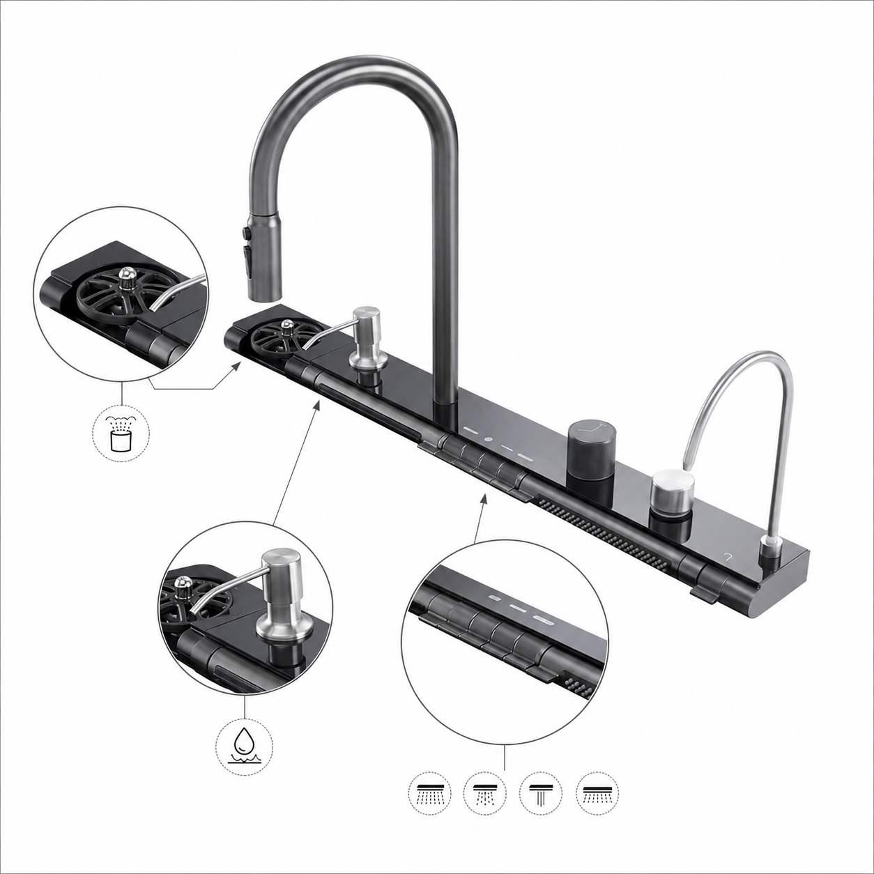 Panel-mounted multifunction kitchen faucet console with black integrated base, high-arc pull-out faucet, control buttons, rotary knobs, auxiliary outlet, and detailed function callouts.