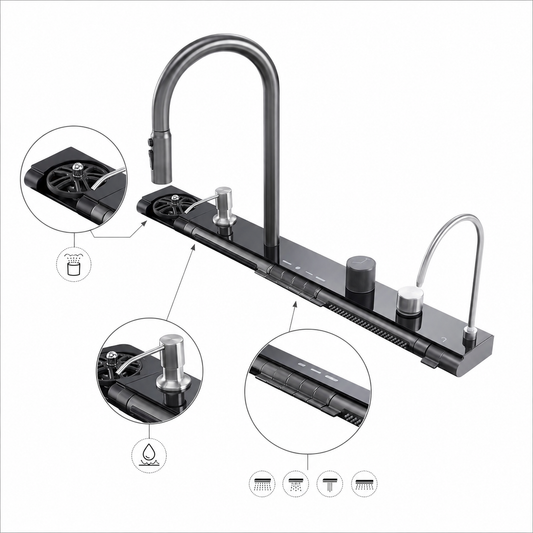 Panel-mounted multifunction kitchen faucet console with black integrated base, high-arc pull-out faucet, control buttons, rotary knobs, auxiliary outlet, and detailed function callouts.
