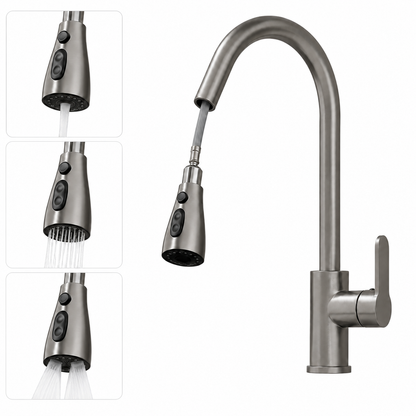 Pull-out kitchen faucet detail image showing three water outlet modes on the spray head and a flexible pull-out hose for kitchen cleaning.