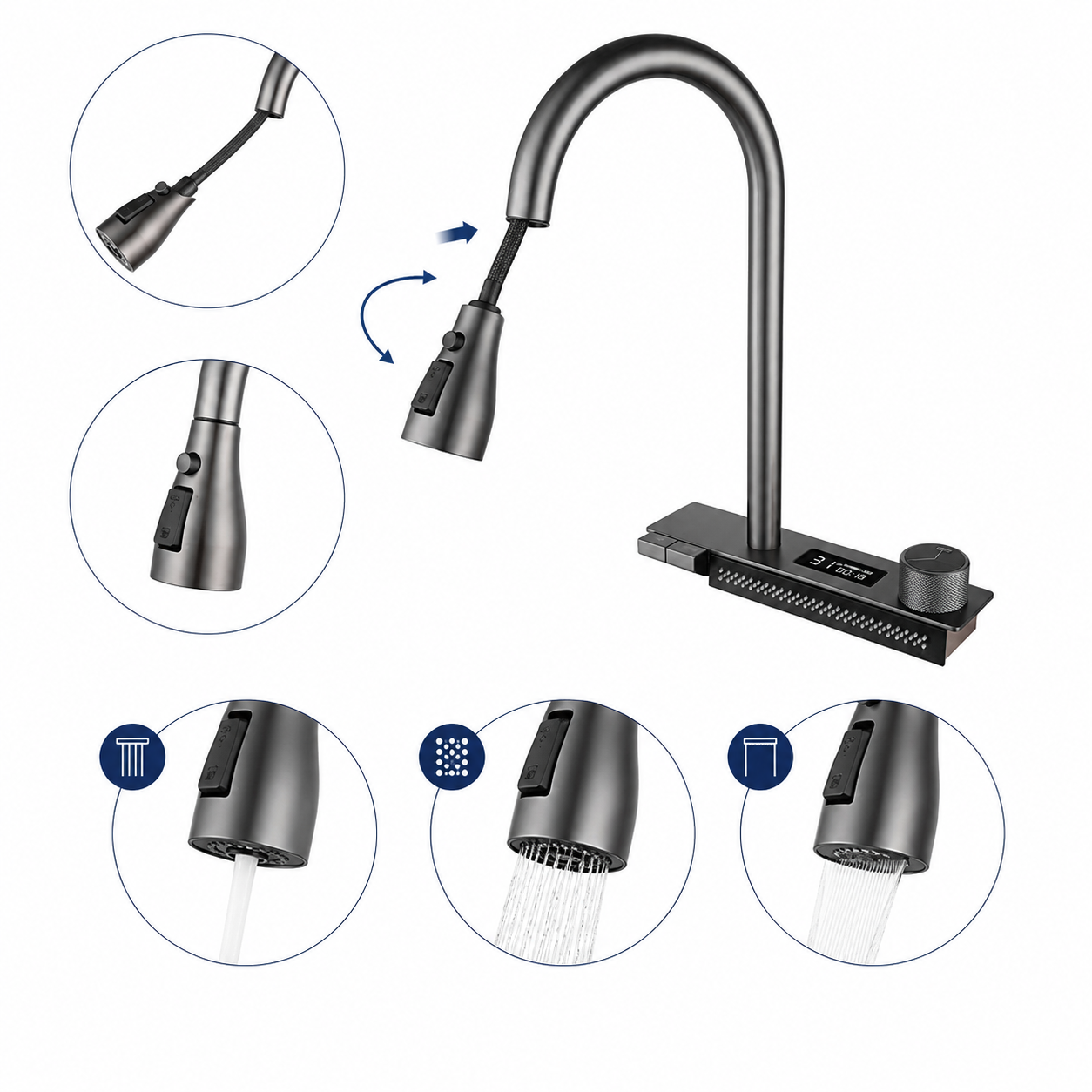 Pull-out multifunction kitchen faucet showing flexible hose extension and three spray mode details.