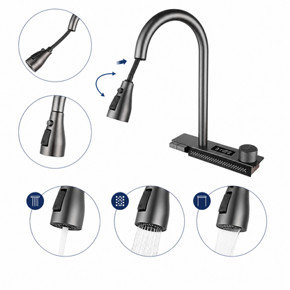 Pull-out multifunction kitchen faucet showing flexible hose extension and three spray mode details.
