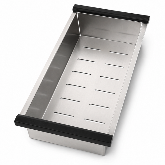 Rectangular stainless steel over-sink strainer tray with long bottom drain slots, brushed finish, deep side walls, and black support grips on both ends.