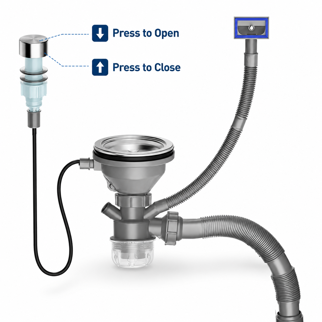 Remote control kitchen sink drain set with stainless steel drain top, countertop push control knob, control cable, overflow hose, flexible waste hose, and transparent removable clean-out cup.