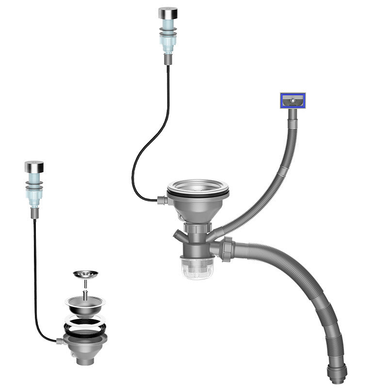Remote control sink drain assembly with push-button knob, control cable, overflow connection, flexible outlet hose, and transparent bottom cup for easy cleaning and residue removal.