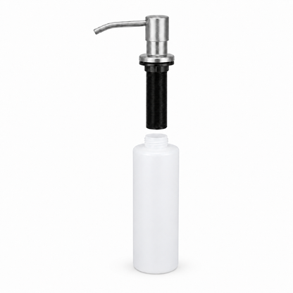 Separated view of a brushed stainless steel built-in soap dispenser and refillable white bottle for stainless steel kitchen sink installation.