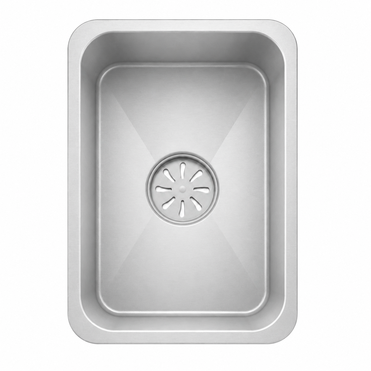 Silver inner basin accessory for multifunctional single bowl sink with centered drain cover and rounded corners.