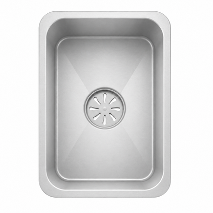 Silver inner basin accessory for multifunctional single bowl sink with centered drain cover and rounded corners.