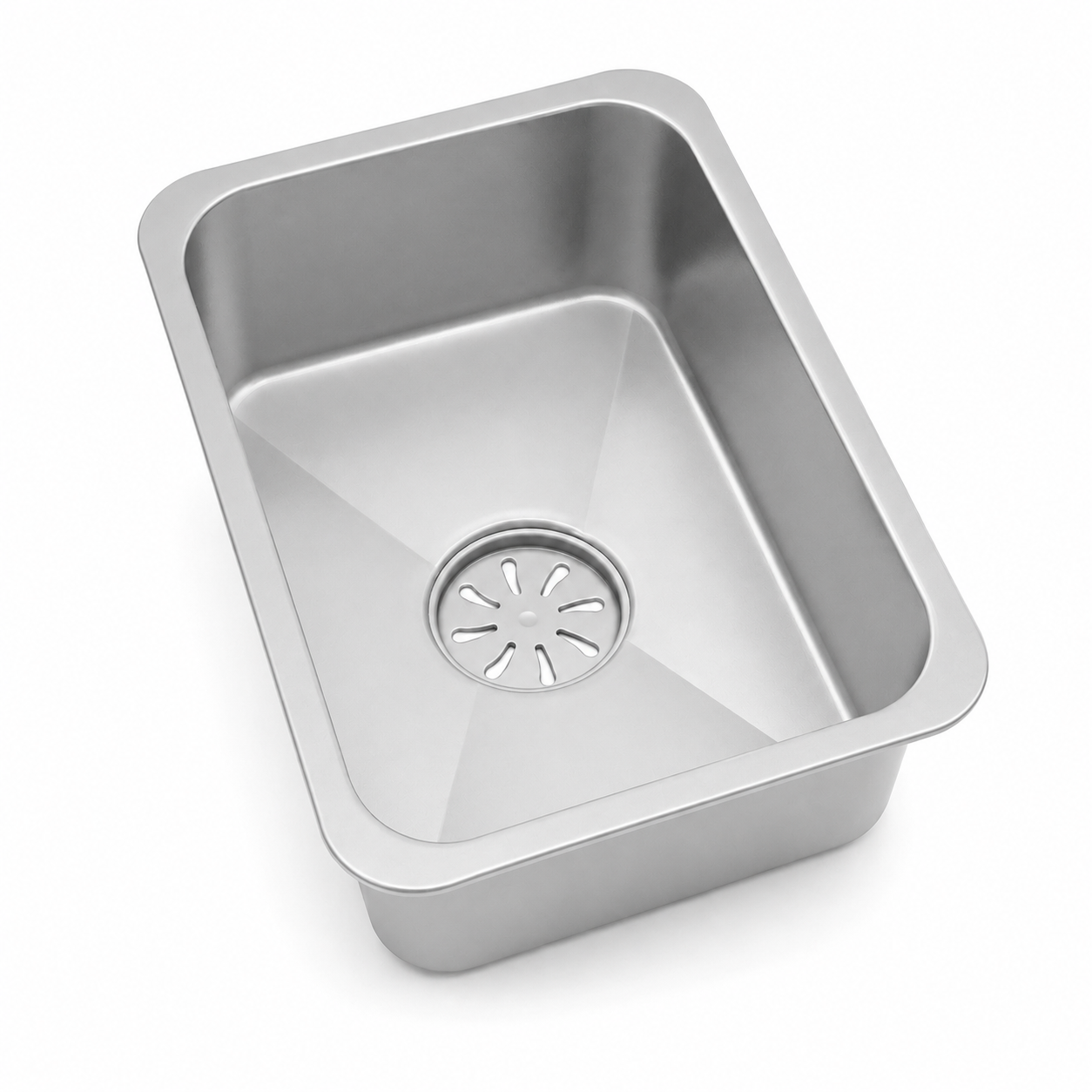 Silver movable sink bowl for single bowl workstation sink shown in clean studio angle.