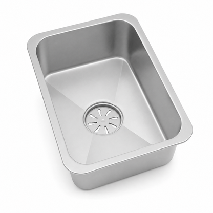 Silver movable sink bowl for single bowl workstation sink shown in clean studio angle.